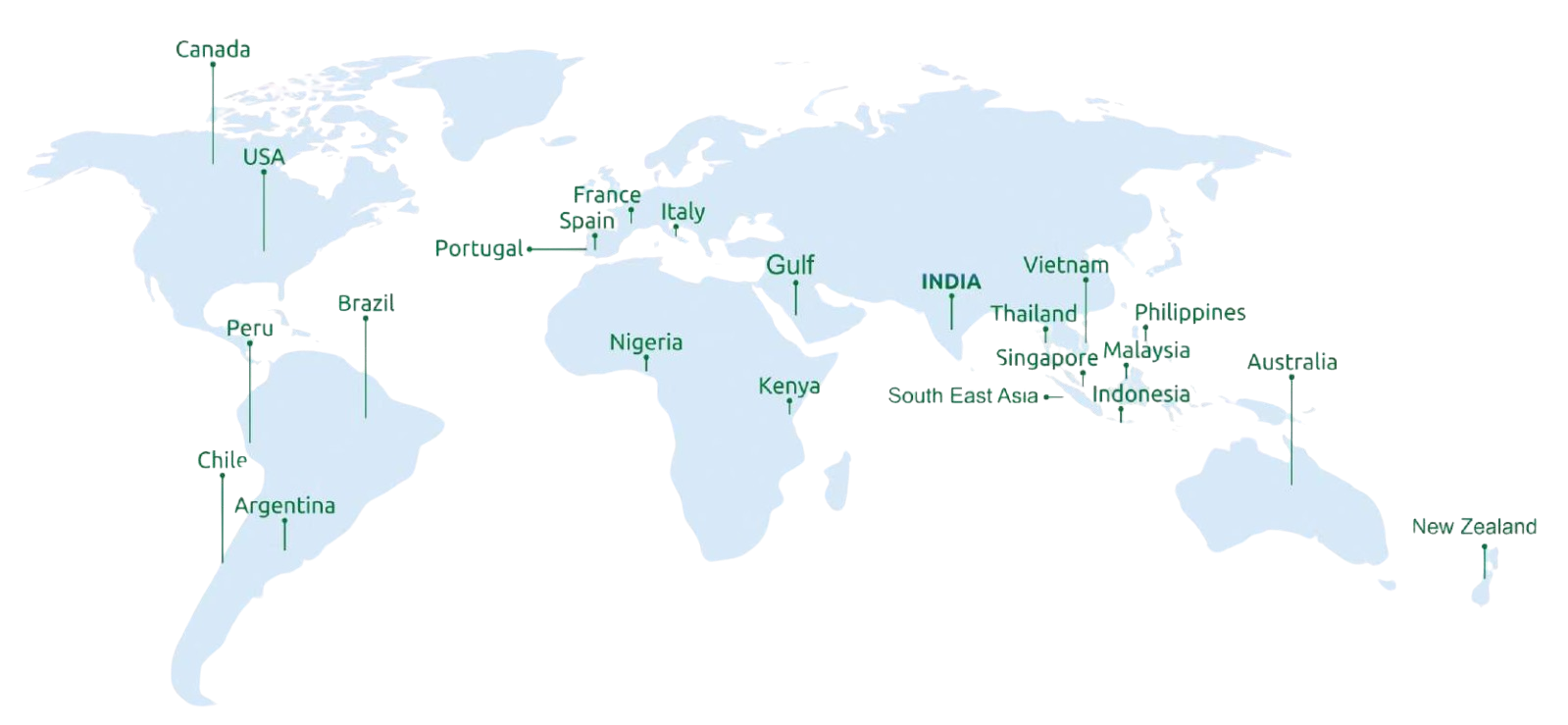 A world map with pins indicating various countries.